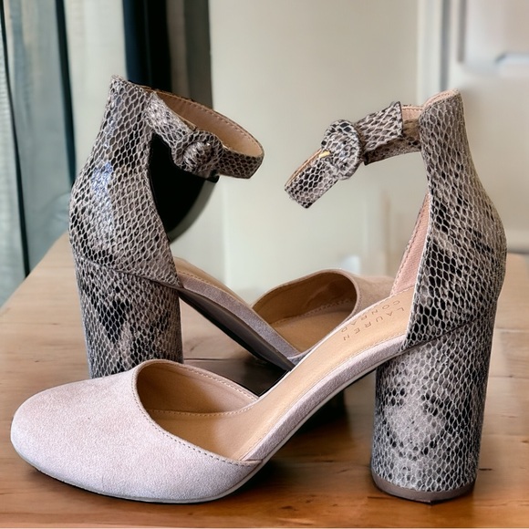 SNAKE PRINT HEELS. CLOSED TOE, ANKLE STRAP LAUREN CONRAD HYDRANGEA SHOES. GUC - Picture 2 of 16